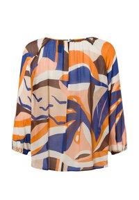 Bunt gemustertes Bluse mit abstrakten Mustern in Blau, Orange und Braun. Hergestellt aus leichtem Stoff mit lockerer Passform und gerafften Ärmeln.