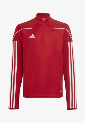 Maglietta sportiva rossa a maniche lunghe con mezza zip, strisce bianche sulle maniche e un design testurizzato sulle spalle. Presenta dettagli con il marchio.