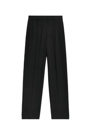 Zwarte, high-waisted broek met een rechte pijp design, voorzien van plooien en zijzakken, gemaakt van een lichtgewicht stof.