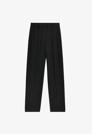 Black, high-waisted trousers with a straight-leg design, featuring pleats and side pockets, made from a lightweight fabric.