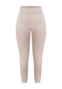 Beżowe legginsy z wysokim stanem, wykonane z miękkiego, teksturowanego materiału z delikatnymi prążkowanymi akcentami na talii i górnej części nóg.