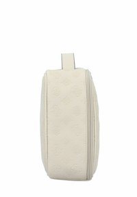 Trousse de maquillage couleur crème en cuir synthétique texturé, dotée d'une fermeture éclair et de détails en logo embossés sur la surface.