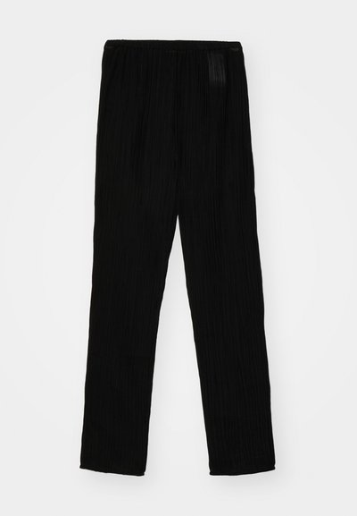Pantaloni neri plissettati realizzati in tessuto leggero, con cintura elastica e design dritto. Texture liscia, senza pattern visibili.