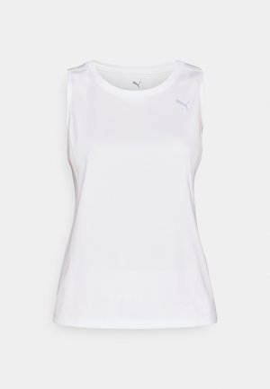 Top deportivo sin mangas de color blanco, hecho de tela de malla, con un cuello redondo y un pequeño logo gris en el área del pecho izquierdo.