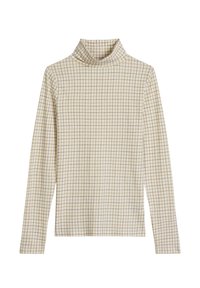 Kremowy top z długim rękawem i golfem, ozdobiony małym brązowym wzorem w kratę. Miękki materiał o dopasowanym fasonie i wysokim kołnierzu.