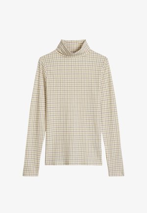 Coltrui met lange mouwen in roomwit met een klein bruin ruitpatroon. Zachte stof met een aansluitende pasvorm en een hoge kraag.