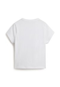 Witte katoenen t-shirt met korte mouwen, een ronde hals en een rechte snit. Eenvoudig oppervlak zonder aanvullende patronen of accenten.