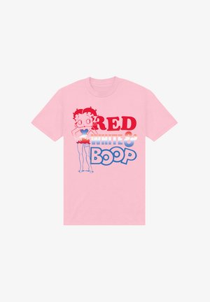 Camiseta de algodón rosa con un personaje de caricatura y texto rojo y azul que dice "ROJO, BLANCO Y BOOP". El diseño incluye elementos gráficos en negrita.