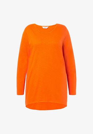 Dlouhý rukáv oranžová blůza z lehkého materiálu s kulatým výstřihem a zakřiveným lemem, s uvolněným střihem a hladkou texturou.