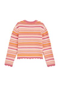 Pulover tricotat cu dungi multicolore în nuanțe de roz, portocaliu și alb. Pantuș cu margine ondulată și guler rotund. Material texturat cu detalii de cusătură deschisă.