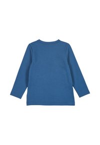 Pitkähihaisen sinisen paidan, jossa on pyöreä kaula-aukko, valmistettu pehmeästä kankaasta. Siinä on litteät saumat ja se on yksivärinen ilman kuvioita tai koristuksia.