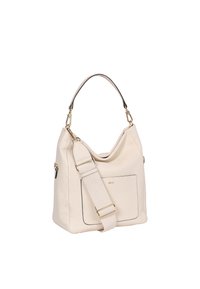 Weiße Lederhandtasche mit einem weichen, lässigen Design. Verfügt über einen Einzel-Schultergurt, einen abnehmbaren Gurt und eine Vordertasche mit goldenen Beschlägen.