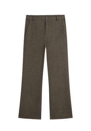 Pantalon habillé marron à jambes droites avec poches avant, passants de ceinture et fermeture à bouton à la taille.