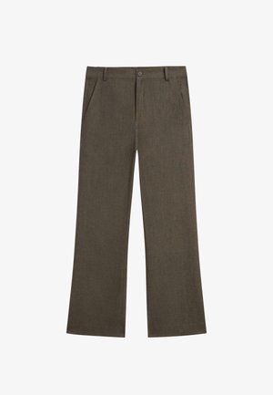 Pantalon habillé marron à jambes droites avec poches avant, passants de ceinture et fermeture à bouton à la taille.