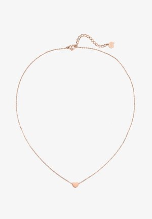 Collar de oro rosa con una cadena delicada, que presenta un pequeño colgante en forma de corazón en el centro y un cierre de langosta con una cadena de extensión.