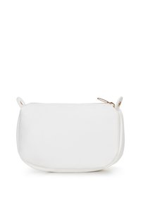 Weiße Kosmetiktasche aus weichem Material, mit Reißverschlussverschluss, runder Form und kleinen Obergriffen. Minimalistisches Design ohne Muster.
