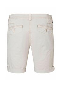 Beige cotton shorts with rolled cuffs, featuring two back pockets with subtle stitching and a smooth texture. Simple and functional design.