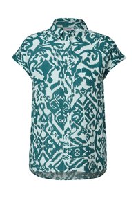 Camicia a maniche corte con bottoni in teal e azzurro chiaro, caratterizzata da un motivo astratto, colletto e orlo curvo. Tessuto leggero, vestibilità rilassata.