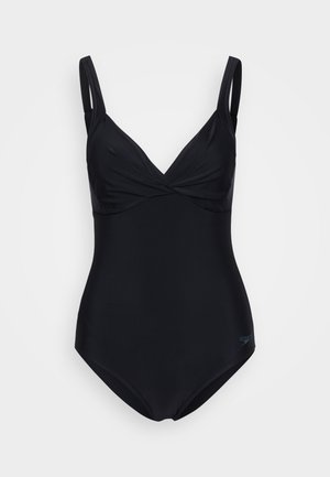 Svart ettstykke badedrakt med justerbare stropper, en vridd frontdetalj, glatt stoff og høy skjæring på bena.