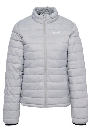 Light gray puffer jacket with a high collar, horizontal quilted pattern, zip closure, and black accents on the cuffs. Hummel logo on chest.