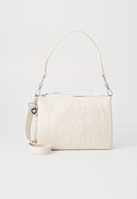 Borsa a tracolla in pelle bianca con design floreale ricamato, tracolla regolabile, accessori in argento e chiusura con zip. Texture liscia, forma rettangolare.