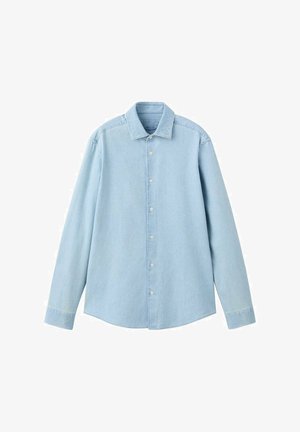 Jasnoniebieska koszula z długim rękawem na guziki, wykonana z denimu. Posiada klasyczny kołnierzyk, guziki z przodu oraz zaokrąglony dół. Miękka w dotyku.
