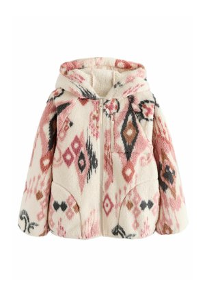 Neppelser hoodie met rits in crème, met roze, zwarte en bruine geometrische patronen. Beschikt over een capuchon en twee zijzakken.