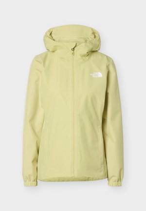Jachetă impermeabilă galben deschis cu glugă, fermoar frontal, manșete elastice și logo-ul alb The North Face pe pieptul stâng.