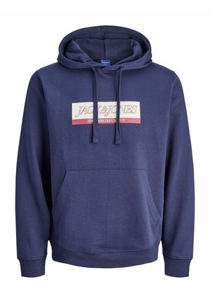 Dunkelblaue Kapuzenjacke aus einem Baumwollmischgewebe, ausgestattet mit einer vorderen Kängurutasche, Kordelzugkapuze und einem grafischen Logodesign über der Brust.