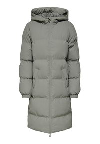 Manteau bouffant, longueur genoux, en vert doux, avec capuche, fermeture éclair à l'avant, manches élastiques et deux poches latérales avec fermetures à pression.