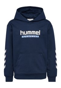Navy blauwe hoodie met een kangoeroezak, logo "hummel SPORTSWEAR" in wit en lichtblauw, en witte chevronpatronen op de mouwen.