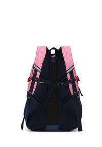 Zaino con spallacci in tessuto rosa e corpo in rete blu navy. Presenta spallacci e cerniere regolabili, con accenti riflettenti per la visibilità.