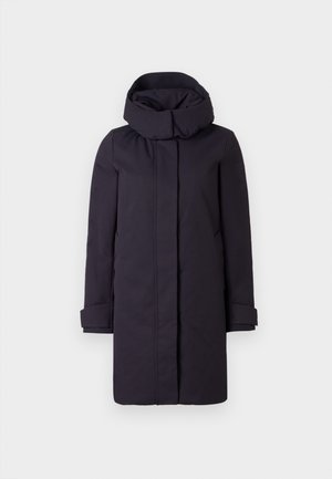 Parka mi-longue de couleur violet foncé avec un col haut, dotée de manches longues et de poignets retroussés. Fabriquée dans un matériau lisse et durable.