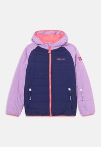 Padded jacket with a navy body, light purple sleeves, and a coral zipper. Features side pockets and a hood with a logo.