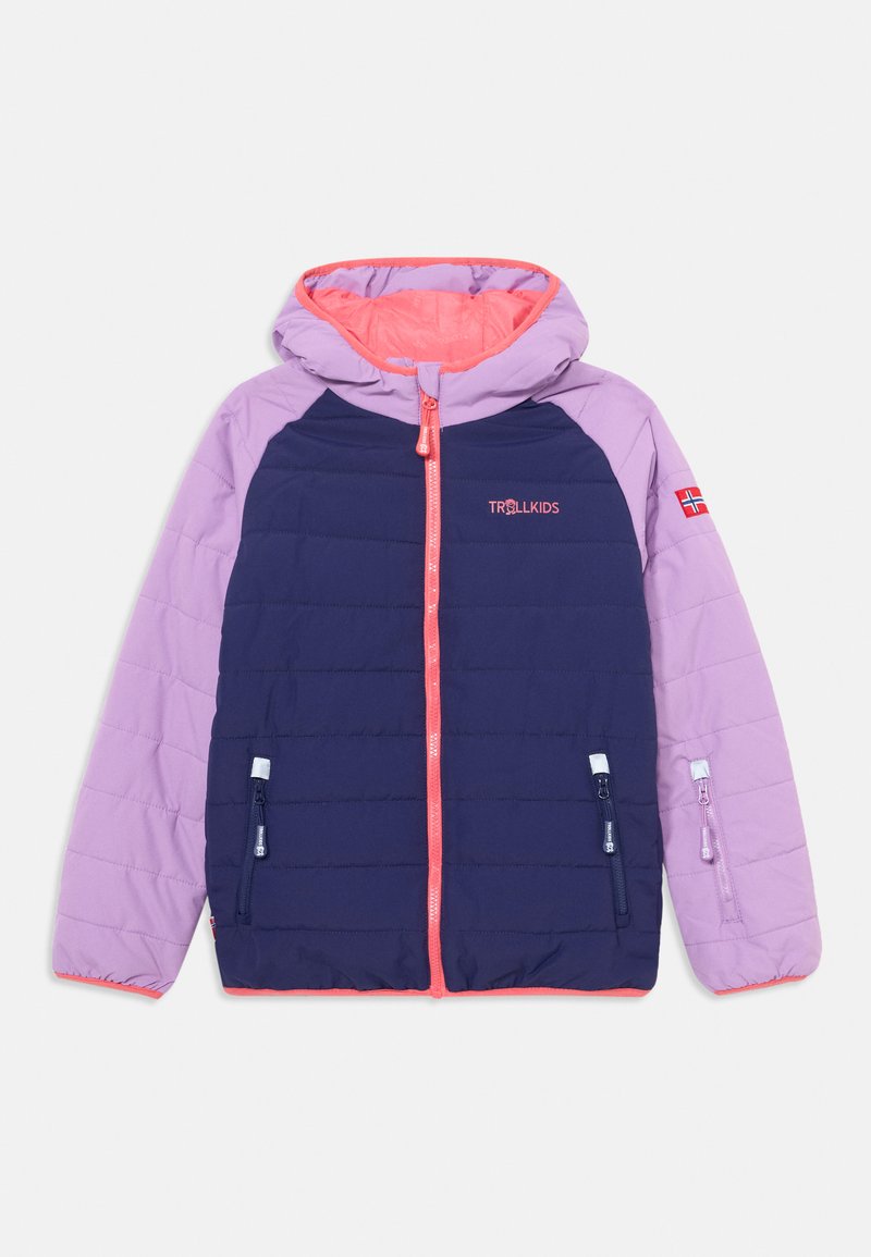 Padded jacket with a navy body, light purple sleeves, and a coral zipper. Features side pockets and a hood with a logo.