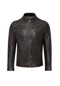 Zwarte leren jas met een hoge kraag, twee ritssluitingen op de borst, en stikdetails, met een licht gedragen afwerking.