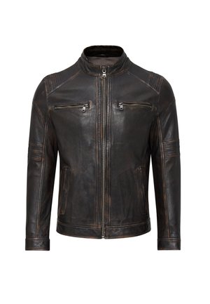 Zwarte leren jas met een hoge kraag, twee ritssluitingen op de borst, en stikdetails, met een licht gedragen afwerking.