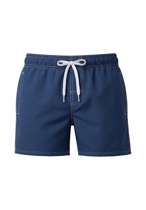 Costume da bagno da uomo blu navy con coulisse bianca, vita elasticizzata, tasche laterali e dettagli di cuciture bianche.