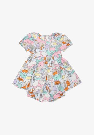 Abito a maniche corte con motivo floreale e funghi in colori pastello, presenta un colletto rotondo e maniche a volant. Include pantaloni coordinati.