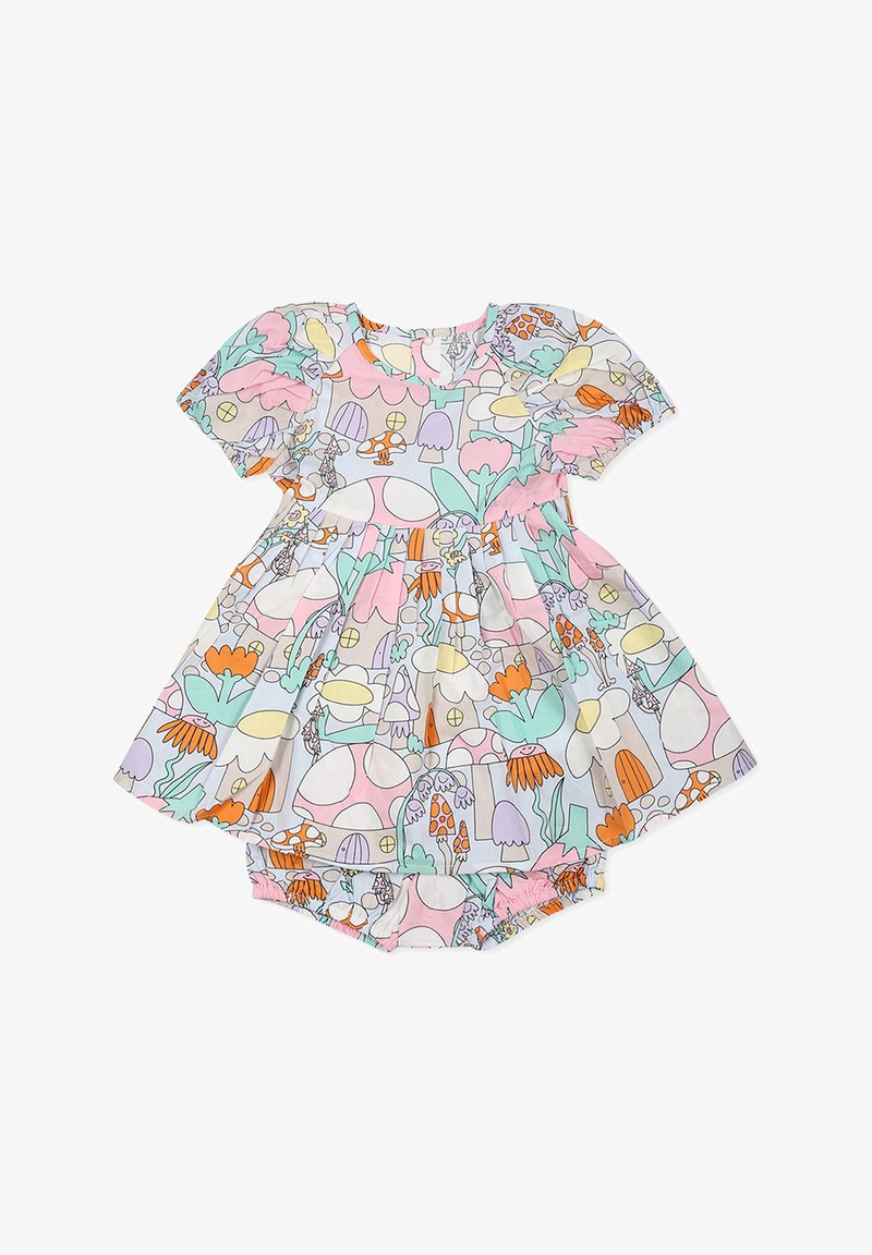 Abito a maniche corte con motivo floreale e funghi in colori pastello, presenta un colletto rotondo e maniche a volant. Include pantaloni coordinati.