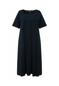 Tummansininen polvimittainen mekko, jossa on lyhyet hihat, pyöreä pääntie ja laskostettu vyötärö. Pehmeä kangas, jolla on sileä tekstuuri ja hienovarainen levennys.