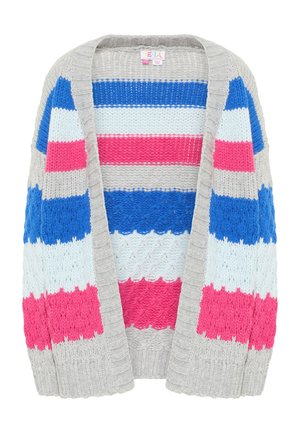 Višebojni pleteni kardigan u tonovima sive, plave, ružičaste i bijele boje s prugastim uzorkom i otvorenim prednjim dijelom. Debela pletena tekstura.