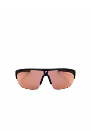 Occhiali da sole sportivi con montatura nera e grandi lenti rosa progettati per attività all'aperto.