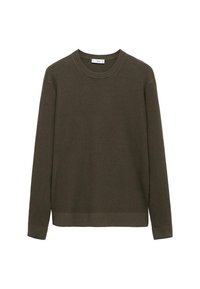 Maglione a maniche lunghe a collo rotondo in maglia rigata verde oliva scuro, con orlo e polsini aderenti.