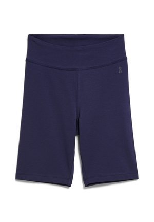 Marineblauwe, hoogwaardige sportshorts met platte naden en een klein logo op de linkerheup, ontworpen voor actieve kleding.