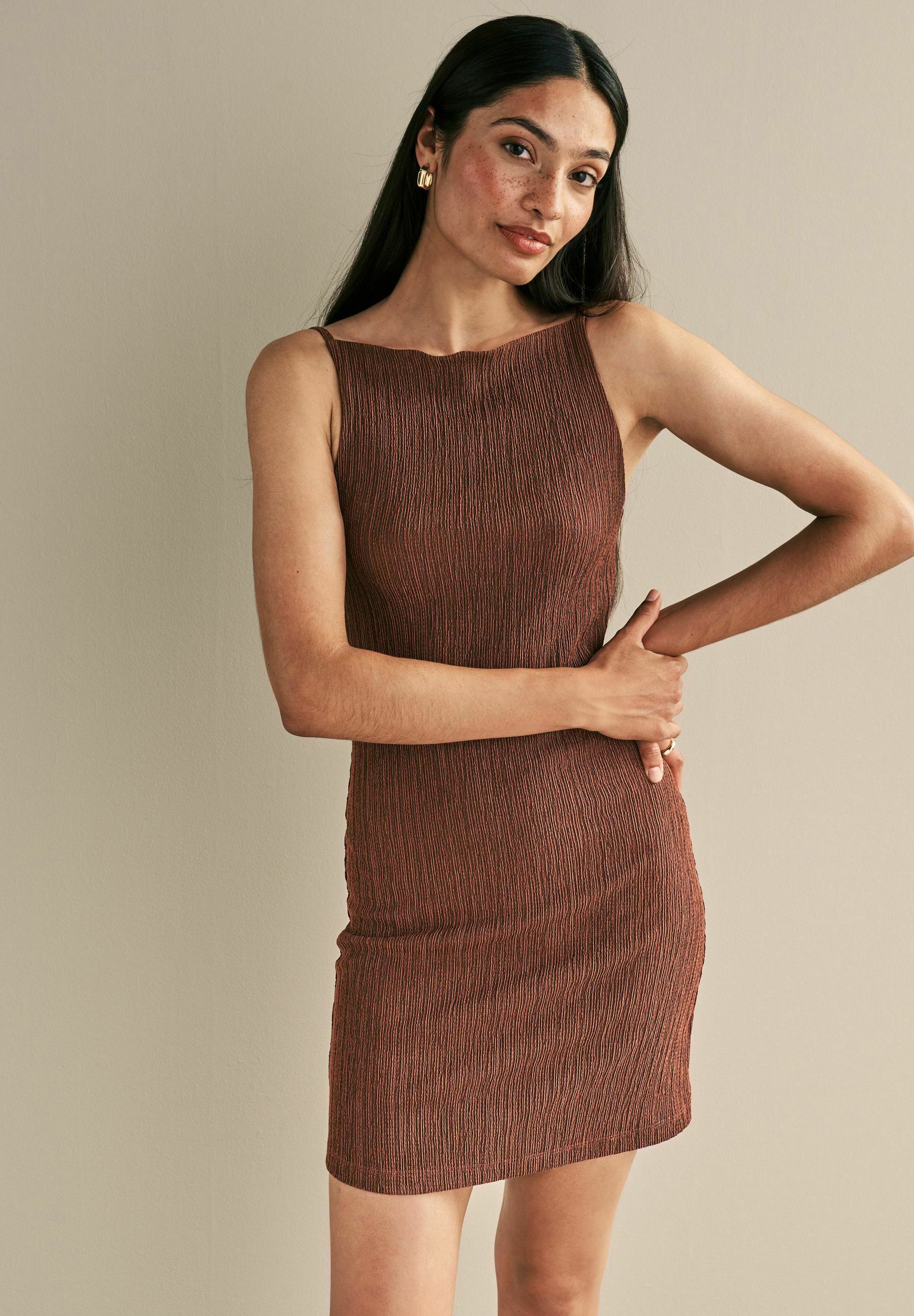 brown dress with split One-Shoulder Brown Midi Dress with Beaded Belt S / Chocolate