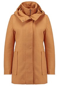 Manteau camel à manches longues avec haut col, fermeture éclair devant et boutons-pression, et deux grandes poches devant.