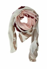 Leichte, gemusterte Schal in Schattierungen von Pink, Creme und Braun; aus weichem, durchscheinendem Stoff; kreisförmige Form mit geschichtetem Design.