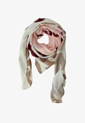 Lightweight, patterned scarf in shades of pink, cream, and brown; made of soft, sheer fabric; circular shape with layered design.