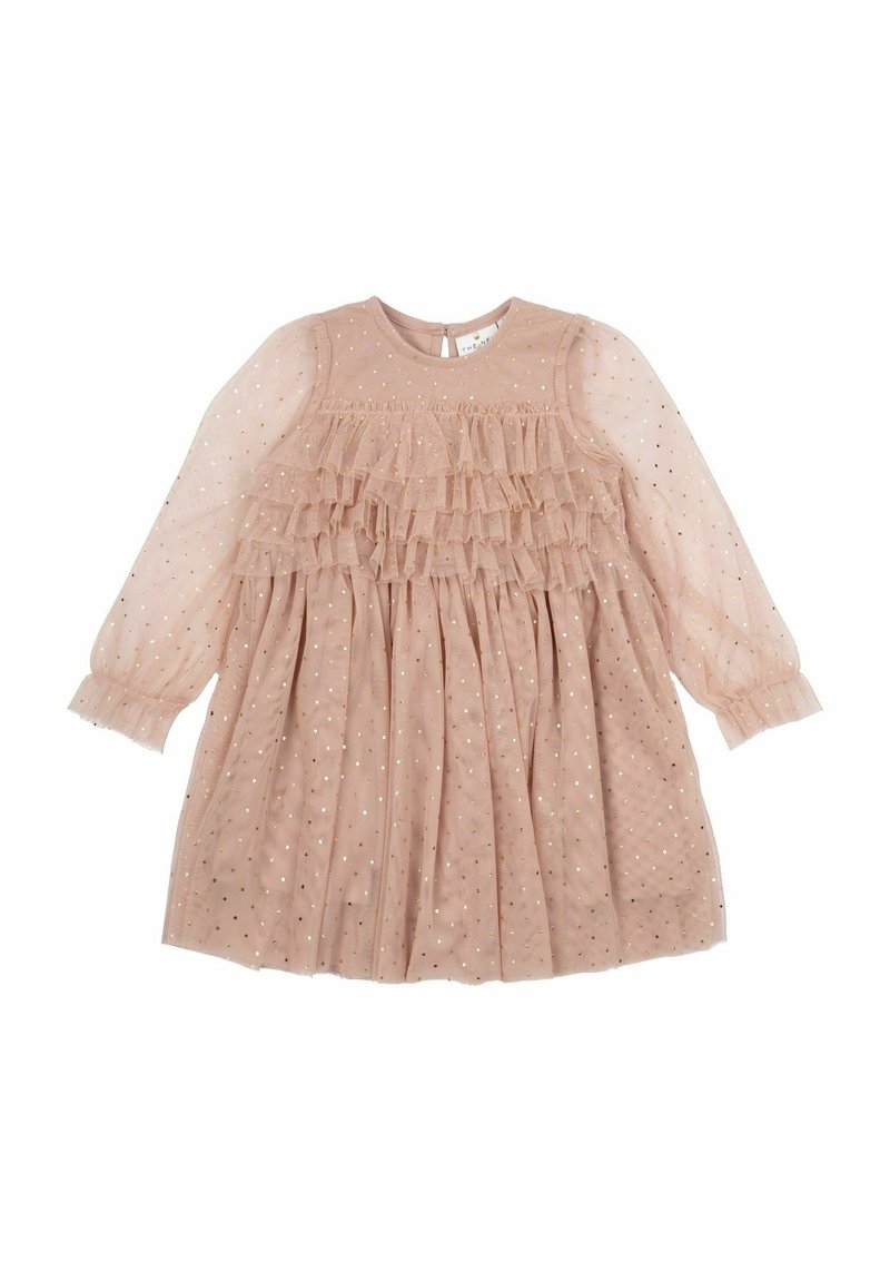 Robe rose à manches longues pour tout-petit avec volants superposés sur la poitrine et pois dorés sur tout le tissu transparent.